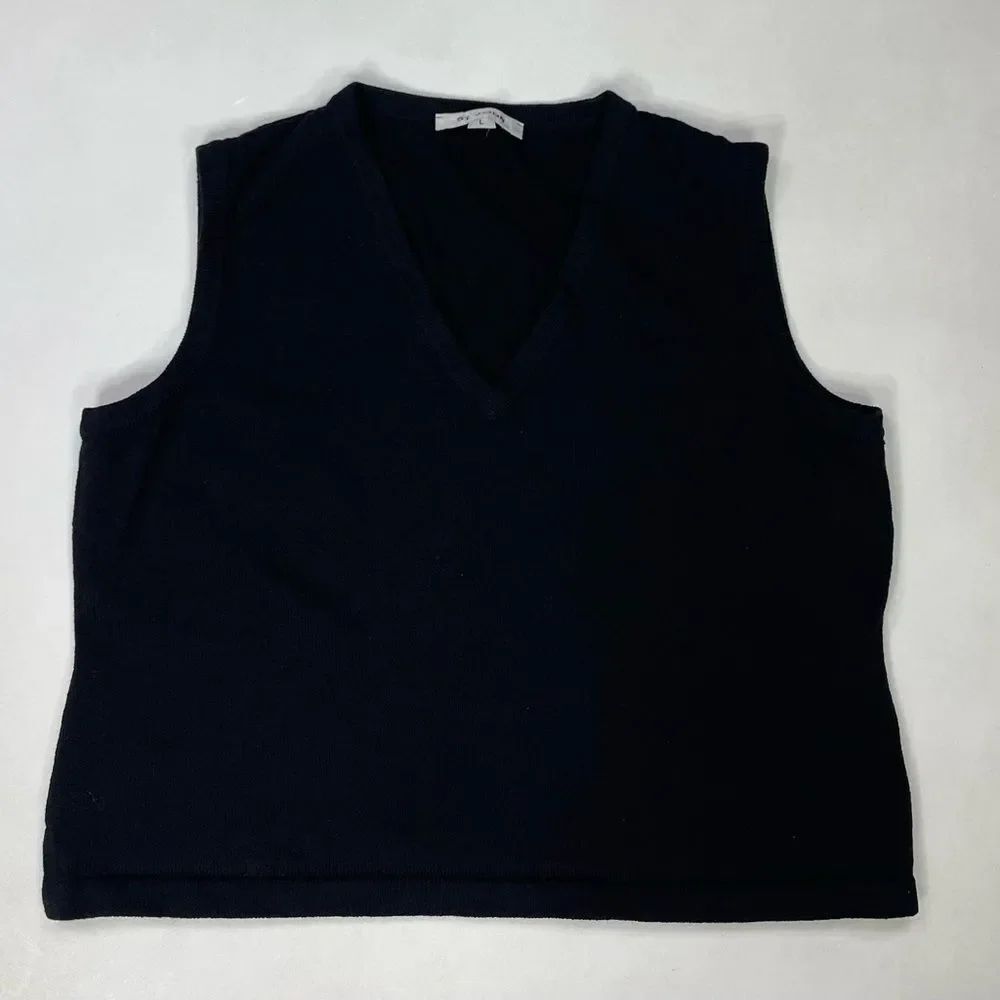 St. John Black Knit Sleeveless V-Neck Shell Top Women Large Black USA VINTAGE